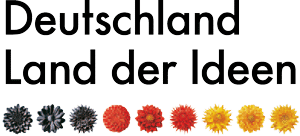 Ein Logo mit dem Text "Deutschland - Land der Ideen". Darunter sind jeweils 3 Blumen in den Farben Schwarz, Rot und Gelb abgebildet.