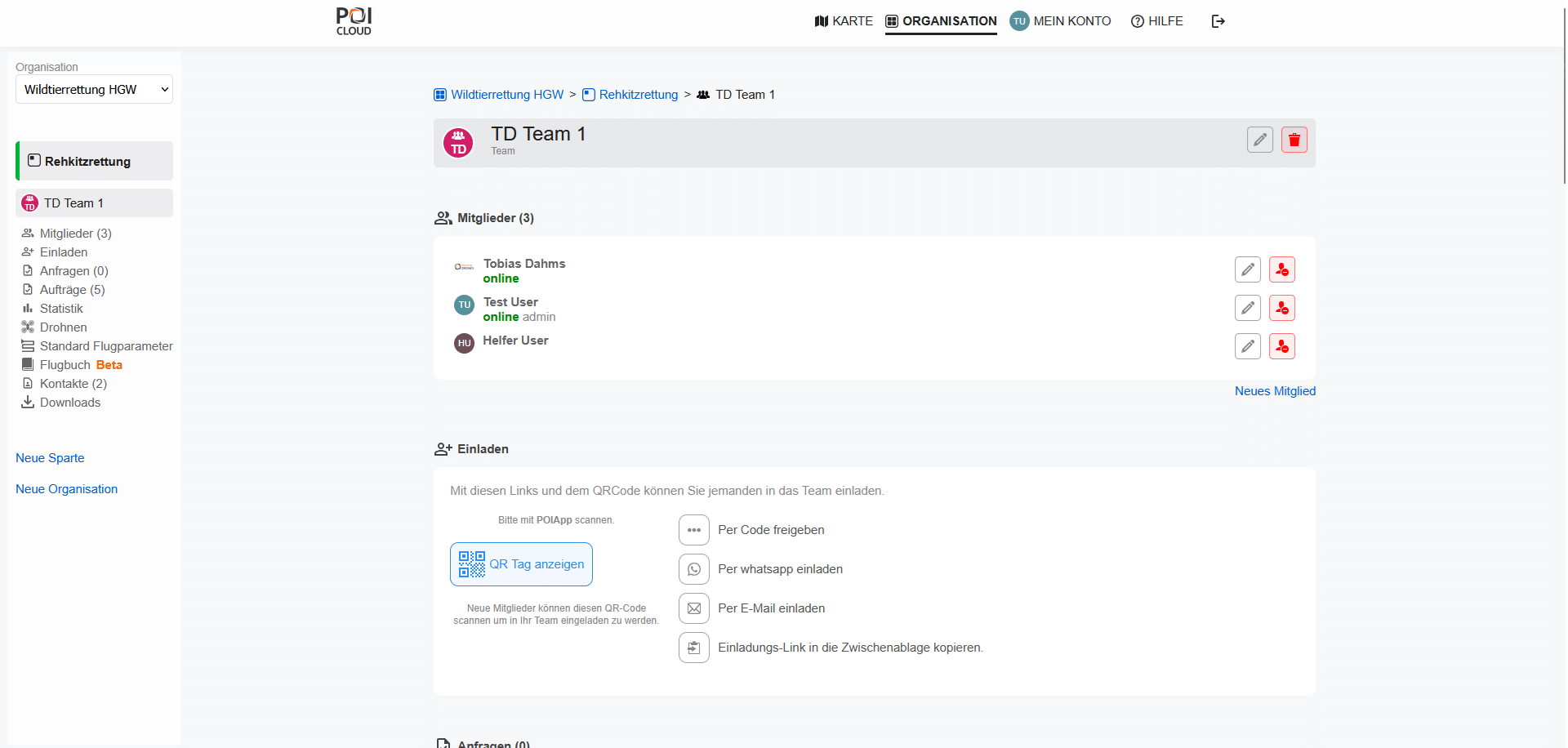 Die Seitenansicht der POICloud am Computer. Hier ist die Organisations-Seite mit allen enthaltenen Informationen abgebildet. Die Oberfläche ist dabei in 3 Bereiche unterteilt: Bereich 1 - Navigationsleiste: Hier sind das POICloud-Logo sowie die einzelnen Seiten der POICloud aufgeführt (Karte, Organisation, Mein Konto, Hilfe, Logout-Button). Bereich 2: Menüleiste am linken Bildschirmrand - hier sind untereinander folgende Elemente aufgelistet: Dropdown-Menü zur Organisations-Auswahl, aktuell ausg