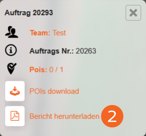 Abbildung des Auftrags-Pop-Up-Menüs innerhalb der POICloud, das bei Auswahl eines aktiven Auftrags erscheint.