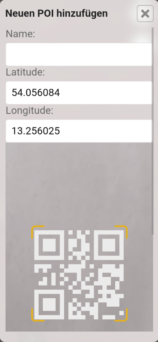 Abbildung des Menüs zum manuellen Hinzufügen eines POIs in der POIApp mit dazugehörigen QR-Code zum Einscannen.