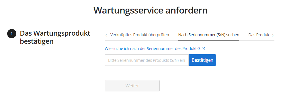 Abbildung des Untermenüs "Wartungsprodukt bestätigen" im Menü "Wartungsservice anfordern" innerhalb der DJI-Maintenance Webseite. Das ausgewählte Reiter ist hier "Nach Seriennummer (S/N) suchen". Darunter abgebildet ist ein Textfeld zum Eintragen der Seriennummer mit einem Button "Bestätigen" und einem "Weiter"-Button.