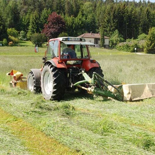 Roter Traktor mäht ein Feld