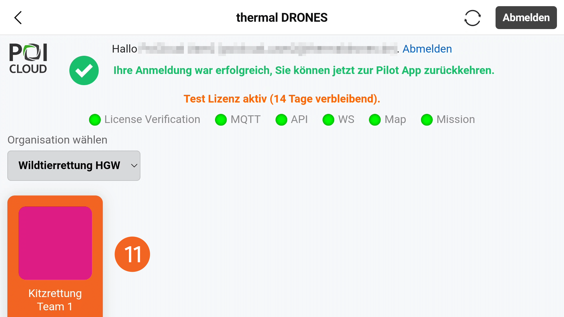 Abbildung der thermal DRONES Cloud-Oberfläche innerhalb der DJI Pilot 2 App. Auf der Seite können Informationen zum Status der Cloudanbindung, zur Lizenz und zur ausgewählte Organisation sowie dem jeweiligen Team eingesehen werden.