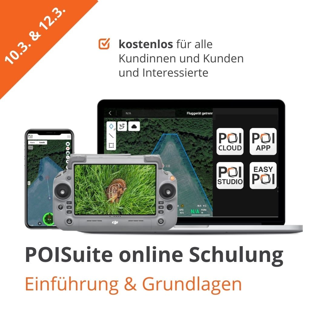 Abbildung einer Terminankündigung für ein Webinar mit dem Titel "POISuite Online-Schulung I - Einführung & Grundlagen". Im Bildmittelpunkt ist eine Gruppe von technischen Geräten angeordnet (Eine Drohnenfernbedienung, ein Smartphone und ein Laptop), auf denen unterschiedliche Softwarekomponenten aus der POISuite abgebildet sind.