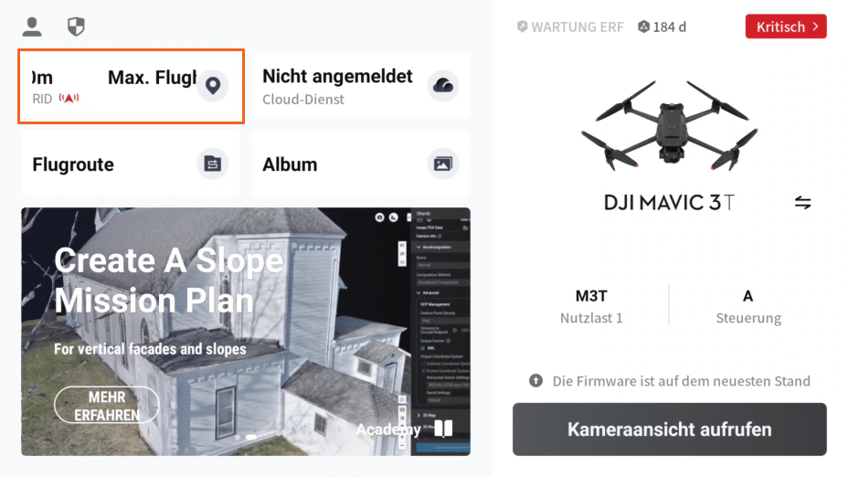 Abbildung des Hauptmenüs der DJI-Pilot 2 App. Das Menüfeld "Maximale Flughöhe und RID" ist mit einem orangefarbenen Kästchen umrandet.