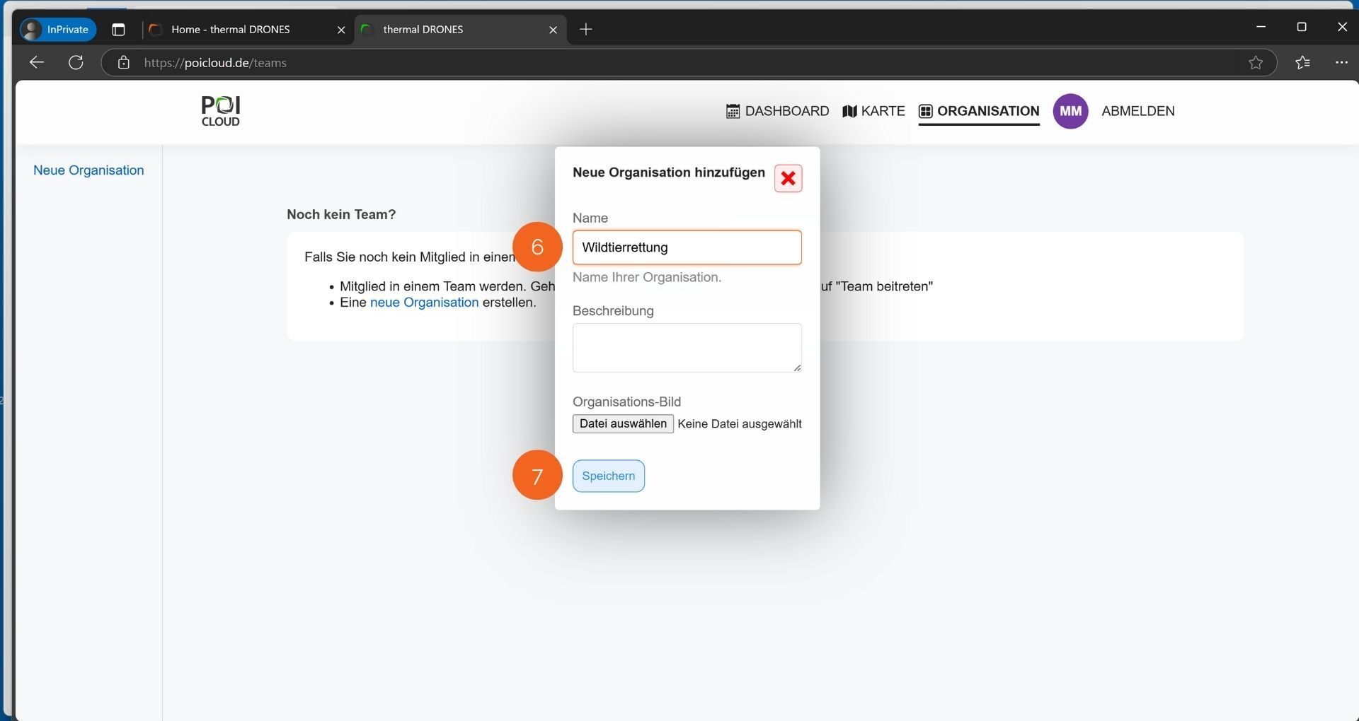 Abbildung des Untermenüs zum Hinzufügen einer neuen Organisation im Organisations-Reiter der POICloud. Darin enthalten sind 2 Textfelder zur Vergabe eines Namens und einer Beschreibung sowie einer Schaltfläche "Datei auswählen" zum Hinzufügen eines Organisations-Bildes und dem Button "Speichern"