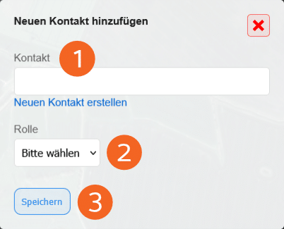 Abbildung des Pop-Up-Menüs zum Hinzufügen eines neuen Kontaktes in der POICloud. Mit Textfeld zum Eintragen eines Namens, Drop-Down-Menü zum Zuweisen einer Rolle und Speicherbutton zum Hinterlegen des Kontaktes.