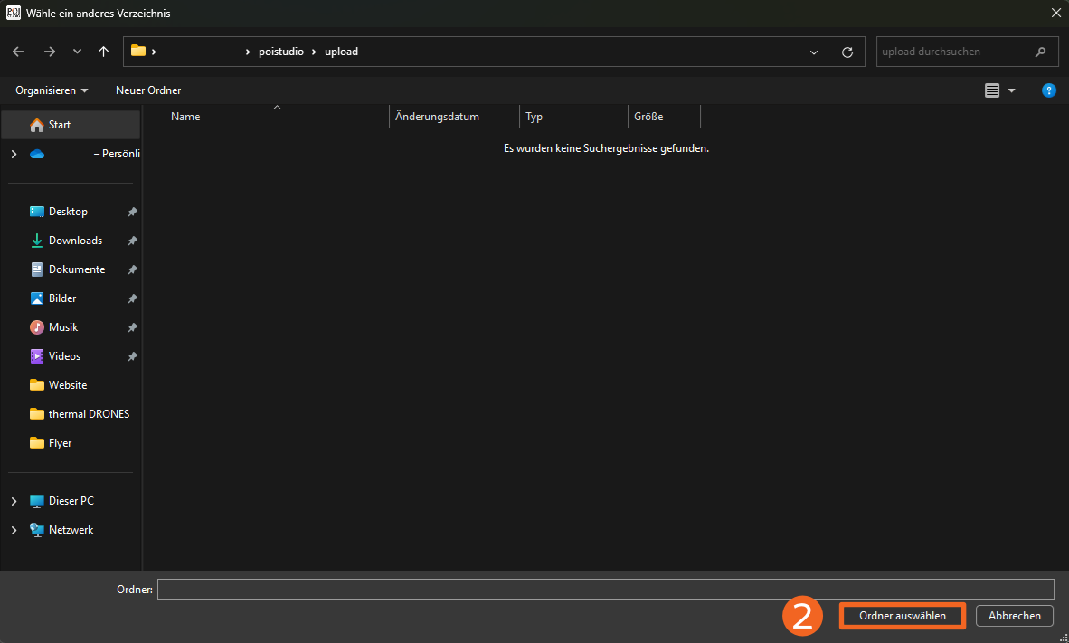 Abbildung des Upload-Verzeichnisses für Wärmebilder in POIStudio. Die Schaltfläche "Ordner auswählen" ist mit einem orangefarbenen Kästchen umrandet.