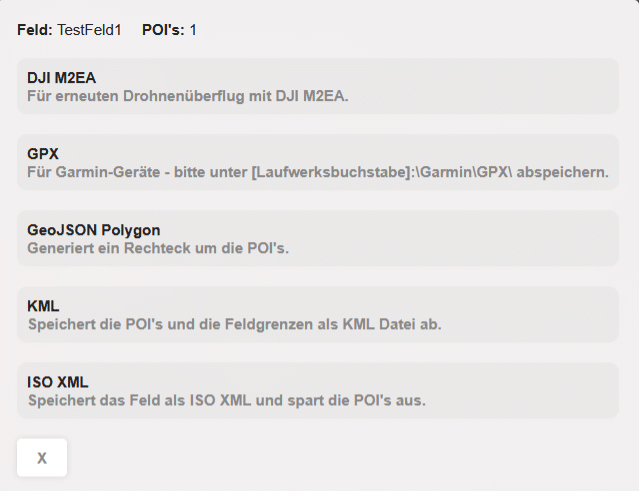Abbildung des POI-Export-Menüs in der POICloud mit den verschiedenen Optionen zum Export eines ausgewählten POIs. Die Optionen sind dabei "DJI M2EA", "GPX", "GeoJSON Polygon", "KML", und "Iso XML".