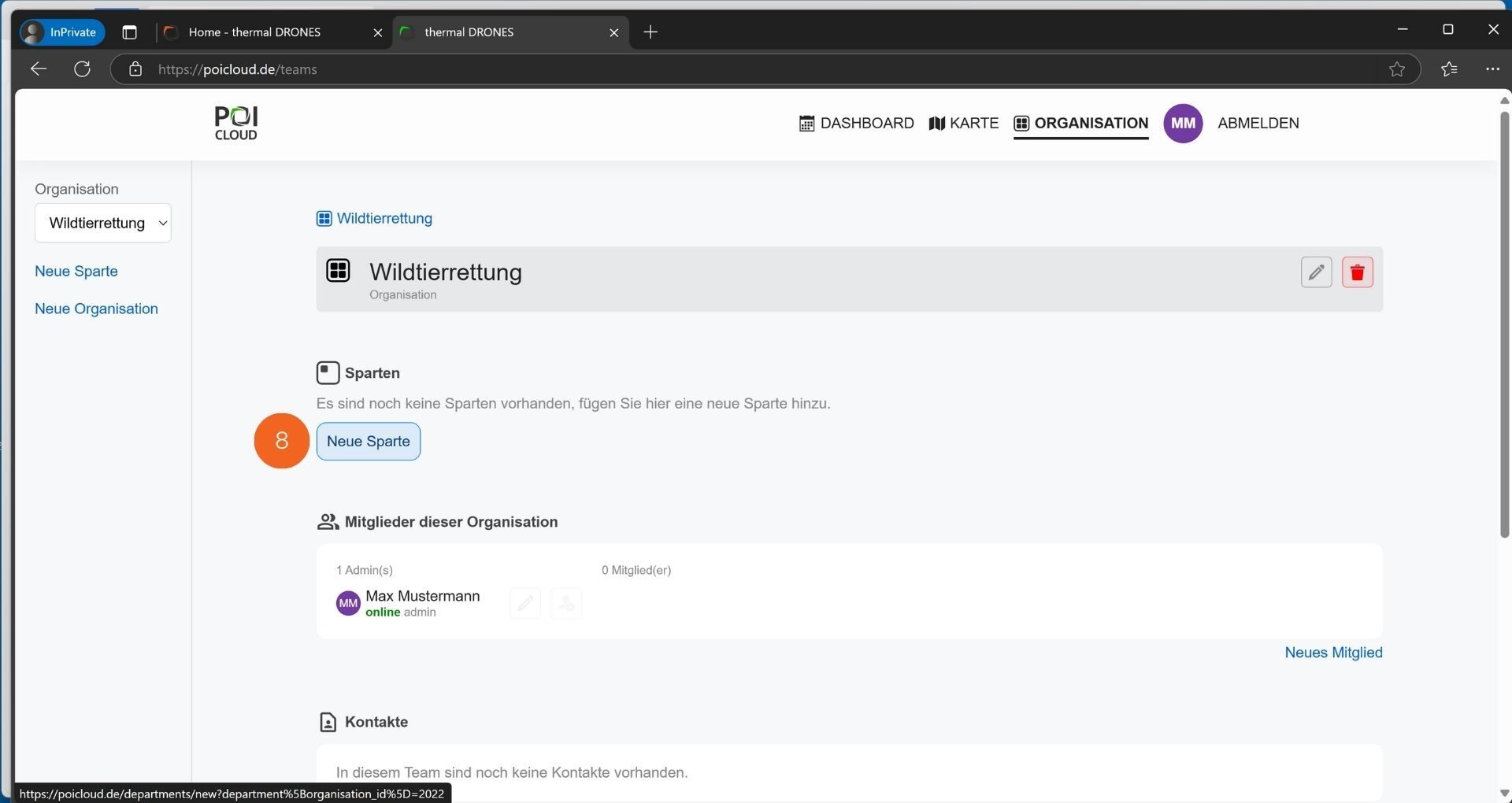 Abbildung der Organisationsansicht im Organisations-Reiter der POICloud. Der Button "Neue Sparte" ist dabei hervorgehoben.