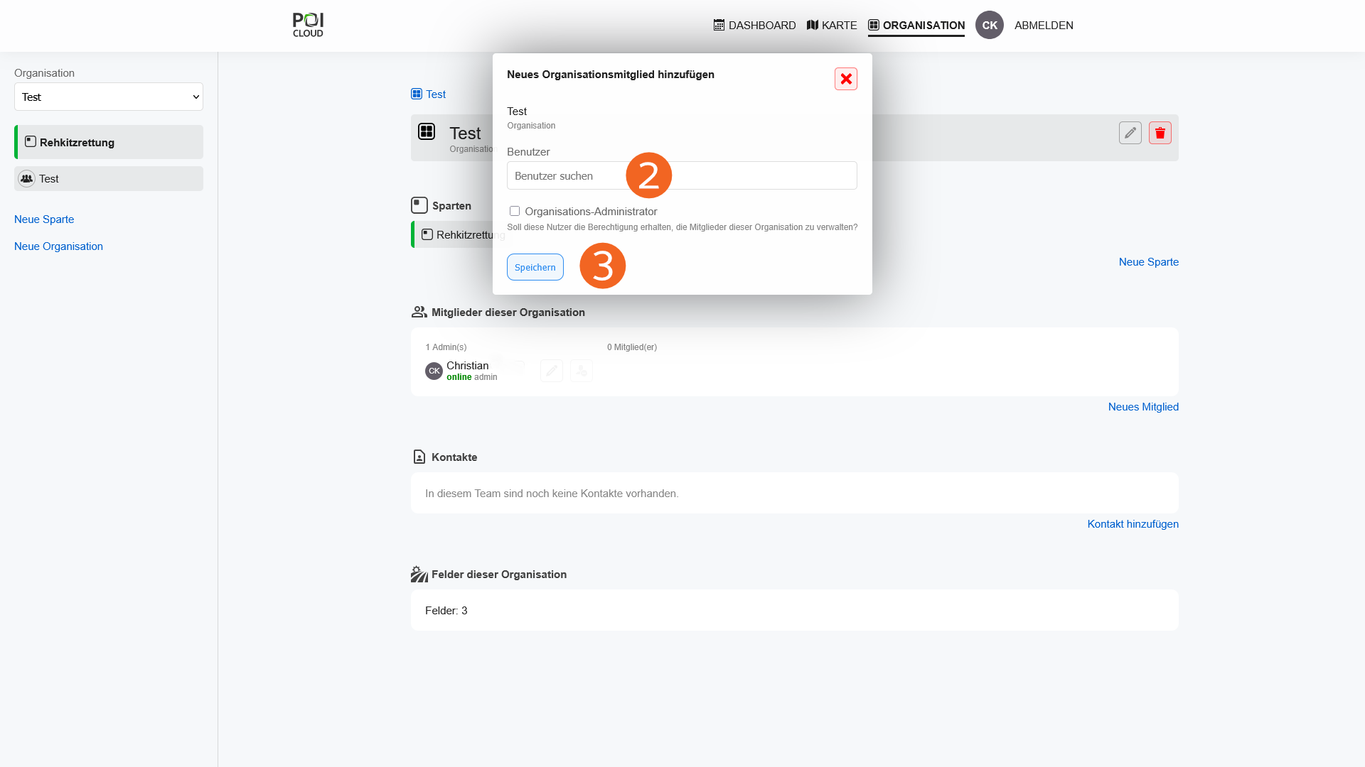 Abbildung der Menüansicht zum Hinzufügen neuer Mitglieder in der POICloud.