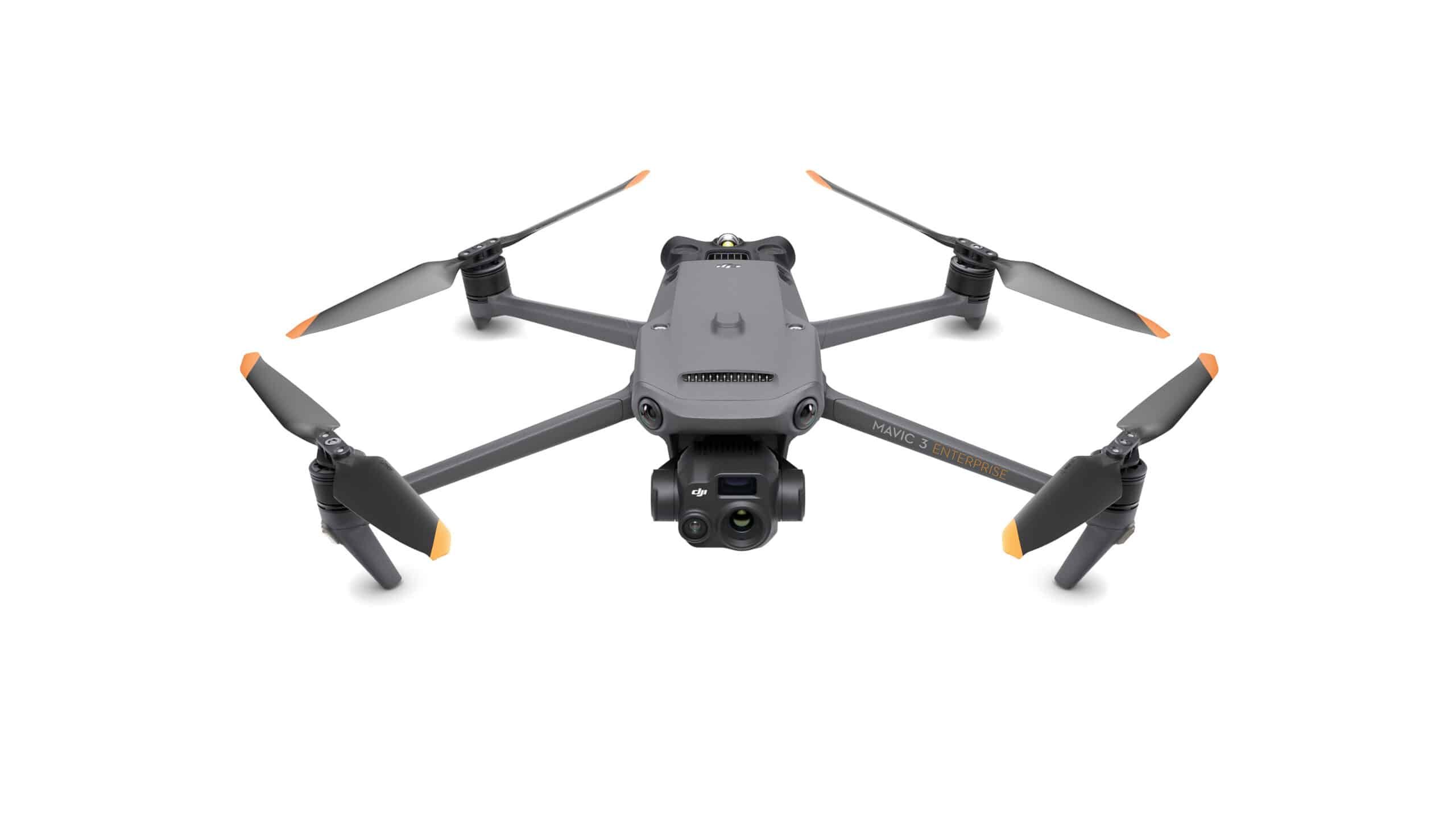 Bild einer DJI Mavic 3T Enterprise in Frontansicht von schräg oben. Mit weißem Hintergrund.