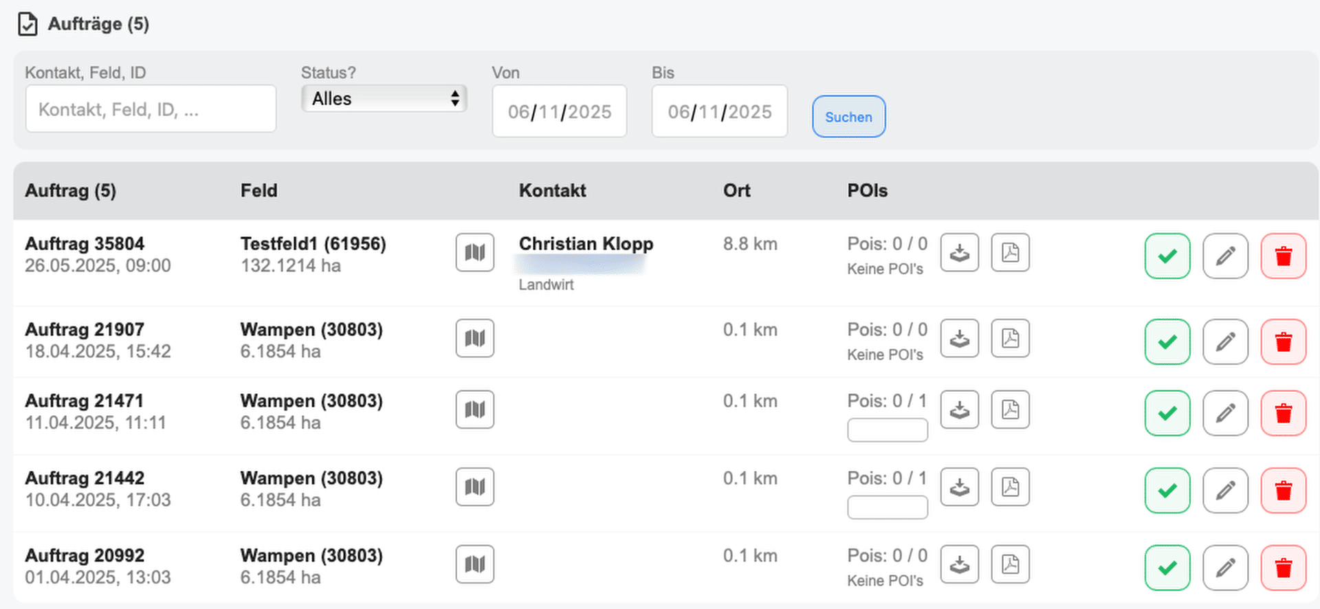 Darstellung eines Menüpunktes aus der POICloud mit einer Tabelle zur Auftragsübersicht und zur Verwaltung und Anpassung einzelner Aufträge.