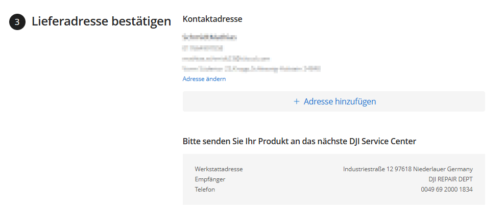 Abbildung zum Menüpunkt "Lieferadresse bestätigen" auf der DJI Maintenance/Repair Webseite.