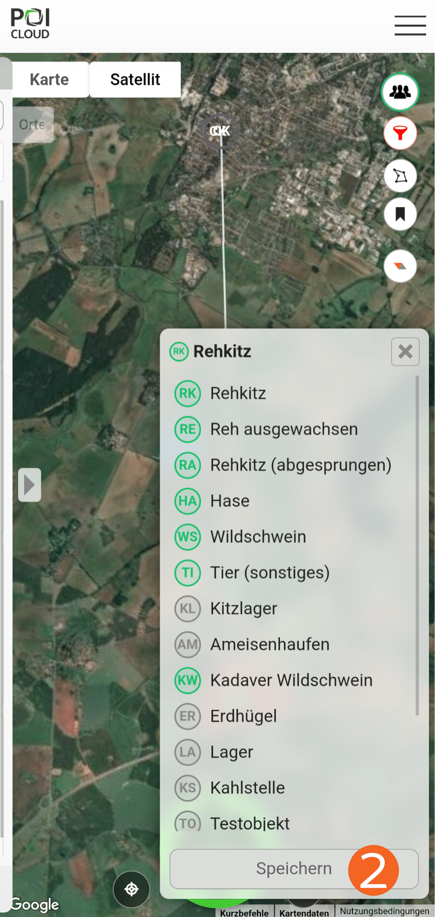 Abbildung der Kartenansicht der POIApp mit der Darstellung des Auswahlmenüs zum Verifizieren von markierten POIs, die von Suchenden angelaufen und gefunden wurden.
