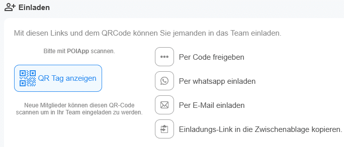 Abbildung des Menüs zum Einladen neuer Teammitglieder innerhalb der POICloud mit diversen Buttons und Schaltflächen für die jeweilige Möglichkeit zum Einladen in das gewählte Team. Im Vordergrund steht der Button "QR Tag anzeigen".