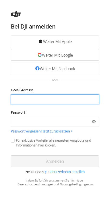 Abbildung der Anmeldemaske der DJI-Webseite mit der Überschrift "Bei DJI anmelden" mit entsprechenden Auswahlmöglichkeiten zur Anmeldung sowie 2 Textfeldern zum Eintragen von E-Mail Adresse und Passwort. Darunter befindet sich der Button "Anmelden".