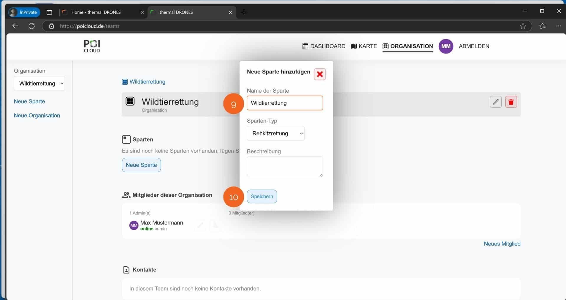 Abbildung des Untermenüs zum Hinzufügen einer neuen Sparte innerhalb der Organisations-Ansicht im Organisations-Reiter der POICloud. Darin enthalten sind 2 Textfelder zum Eintragen eines Namens und einer Beschreibung sowie ein Drop-Down-Menü zum Auswählen des Sparten-Typs. Darunter befindet sich der Button "Speichern".