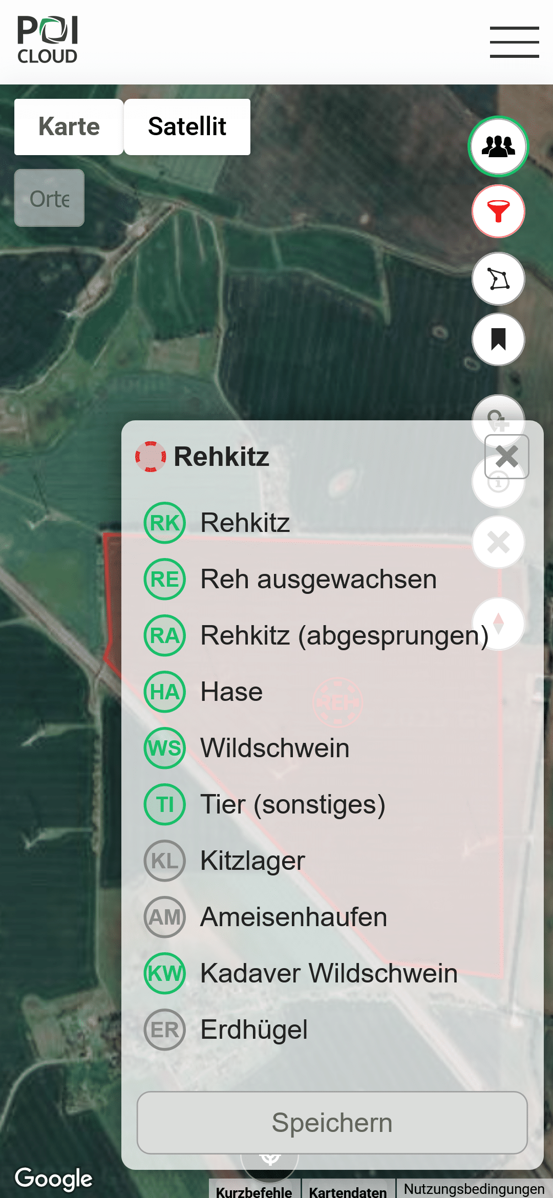 Abbildung der Kartenansicht der POIApp mit der Darstellung des Auswahlmenüs zum Verifizieren von markierten POIs, die von Suchenden angelaufen und gefunden wurden.
