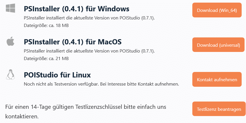 Abbildung der Download-Optionen für POIStudio auf der Dokumentationsseite. Dargestellt sind die Optionen für Windows, MacOS und Linux. Darunter befindet sich der Hinweis zum Erhalt einer 14-tägigen Testlizenz.