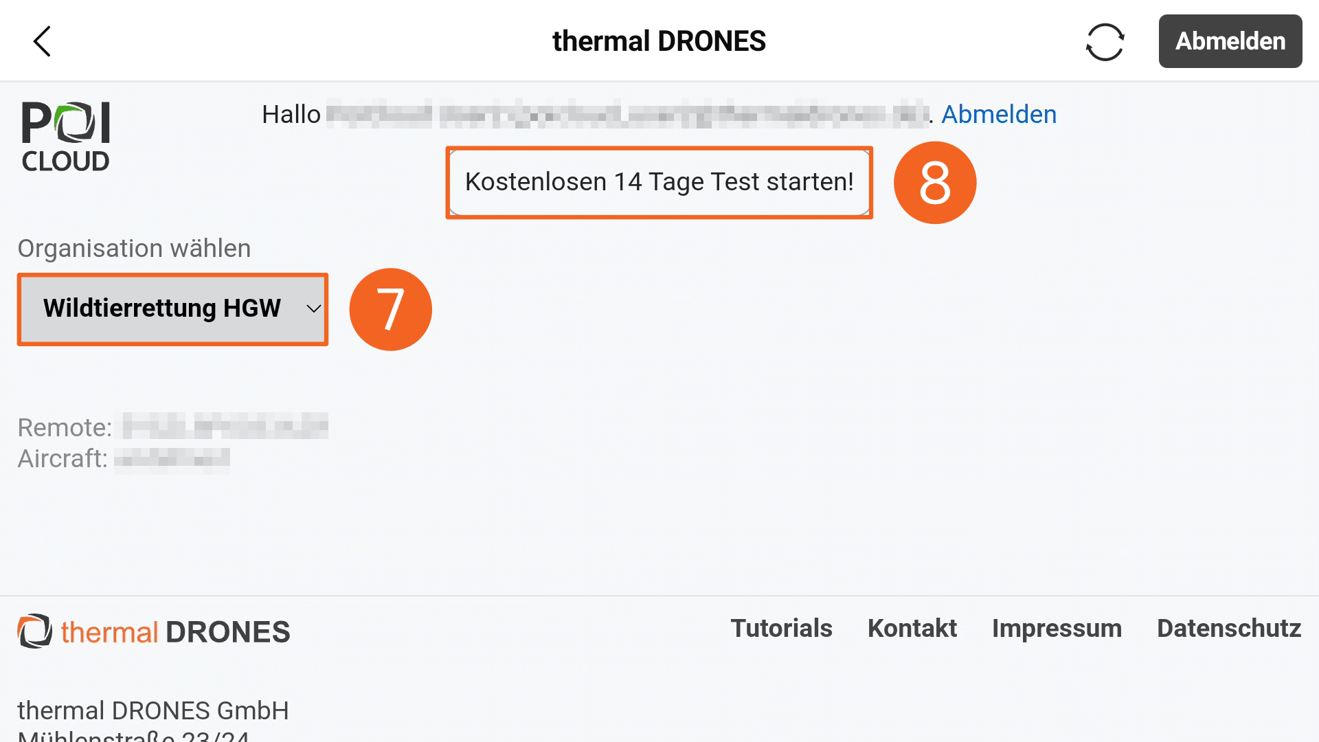 Abbildung der thermal DRONES Cloud-Oberfläche innerhalb der DJI Pilot 2 App zur Aktivierung der kostenlosen 14 Tage Testlizenz von POIConnect. Die Schaltfläche "Kostenlosen 14 Tage Test starten!" und das Drop-Down-Menü zur Wahl der Organisation mit dem Text " Wildtierrettung HGW" sind jeweils mit einem orangefarbenen Kästchen umrandet.
