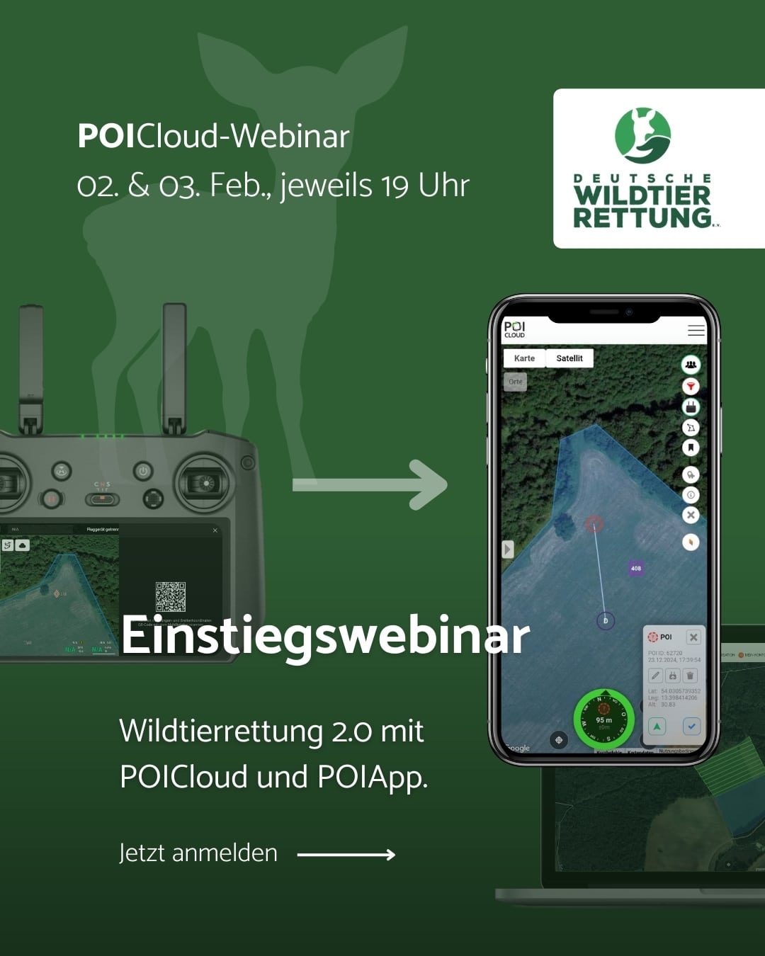 Ankündigungsposter POICloud-Webinar: Wildtierrettung 2.0