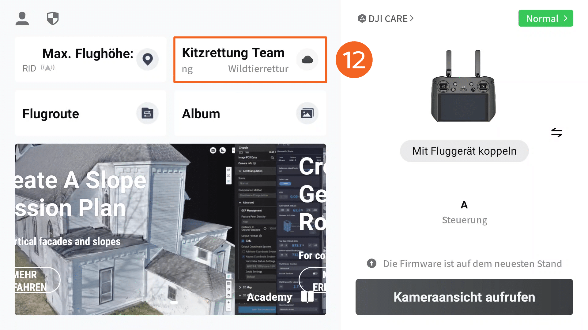 Abbildung der Nutzeroberfläche der DJI Pilot 2 App auf dem Controller einer DJI Mavic 3 Enterprise-Drohne. Im Menüpunkt zur Cloudanbindung ist der Text "Kitzrettung Team - Wildtierrettung" hinterlegt und der Bereich ist mit einem orangefarbenen Kästchen umrandet.
