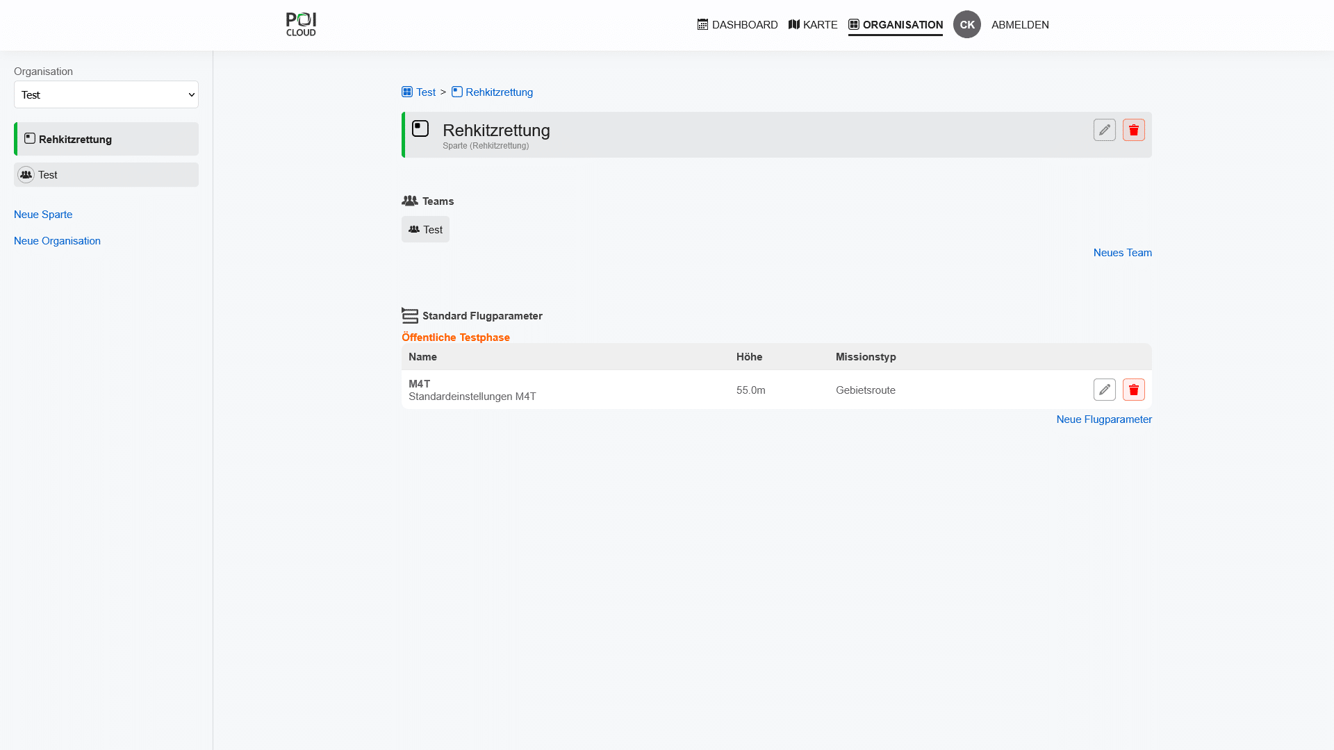 Abbildung der Sparten-Ansicht der POICloud mit den Optionen zur Teamverwaltung und zur Erstellung von Standard-Flugparametern.
