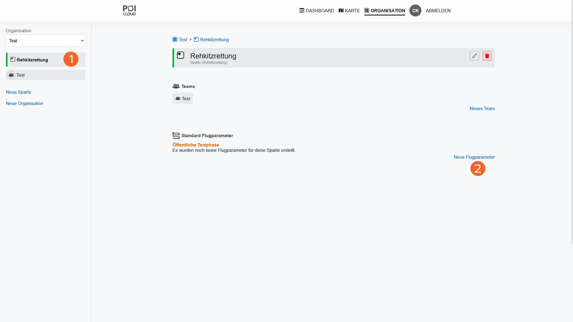 Abbildung der Spartenansicht im Organisationsreiter der POICloud.
