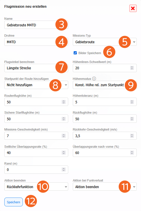 Darstellung einer Menüansicht aus der POICloud zur Neuerstellung einer Flugmission. Unter der Überschrift "Flugmission neu erstellen" befinden sich mehrere Textfelder mit mit zugehörigen Drop-Down-Menüs. Der Text lautet: Name (Gebietsroute M4TD), Drohne (M4TD), Missions-Typ (Gebietsroute). Darunter befindet sich ein Kästen mit Haken mit dem Text "Bilder speichern". Weiter darunter erscheinen die Textfelder Flugwinkel berechnen (Längste Strecke), Höhenlininen-Schwellwert (m) (20), Startpunkt der 