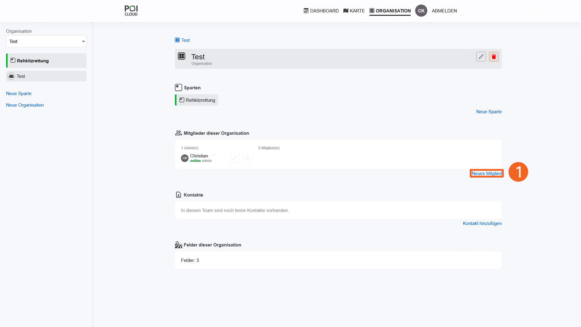 Abbildung der Organisations-Ansicht der POICloud mit den Menüpunkten "Sparten", "Mitglieder dieser Organisation", "Kontakte" und "Felder dieser Organisation". Die Schaltfläche "Neues Mitglied" ist mit einem orangefarbenen Kästchen umrandet.