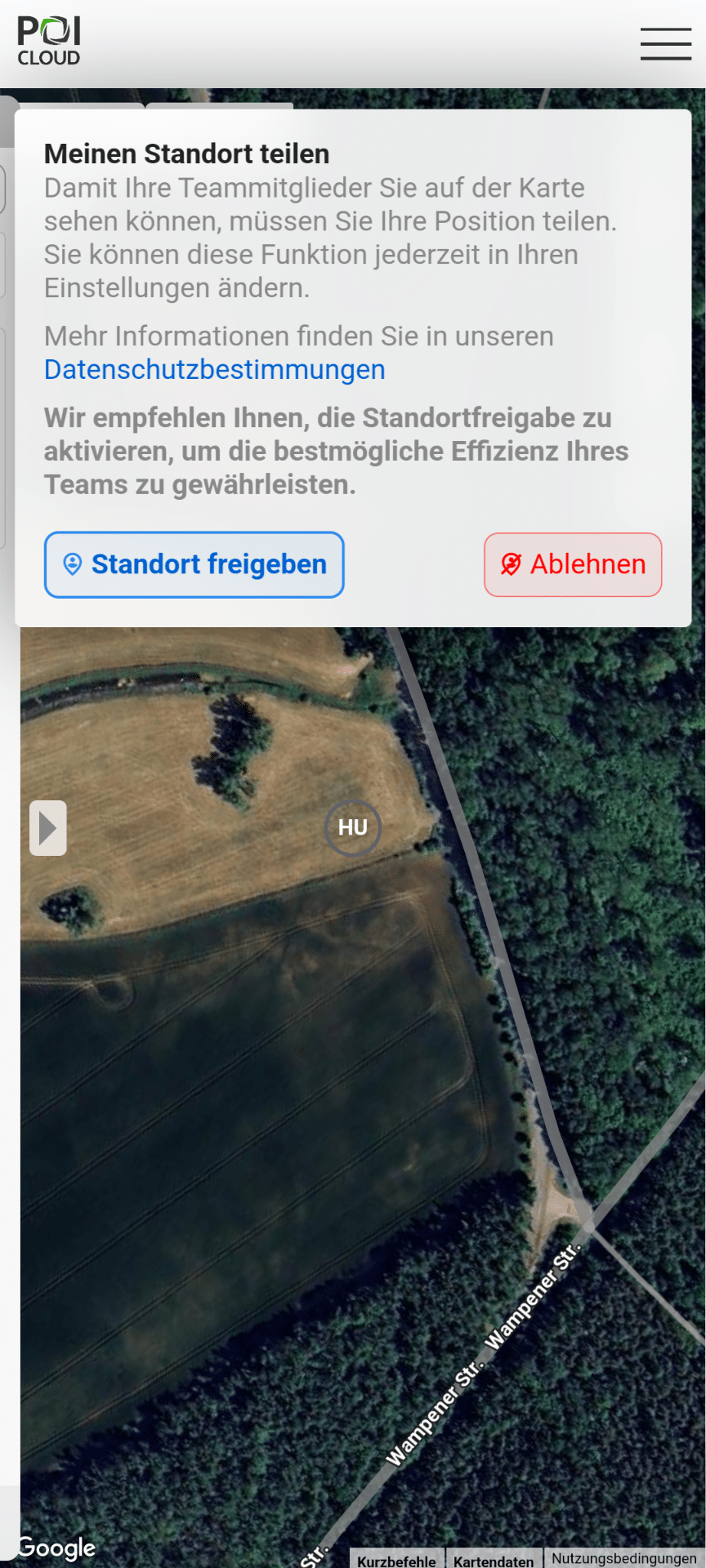 Abbildung des Auswahlmenüs zur Standortfreigabe in der POIApp mit den Auswahlmöglichkeiten "Standort freigeben" und "Ablehnen".
