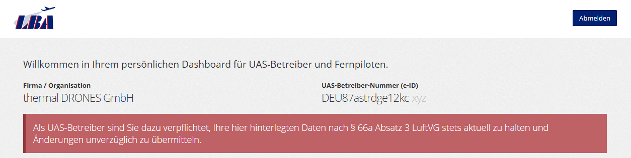 Abbildung eines Abschnitts des Dashboards des LBA mit Übersicht zu Firmen-/Organisationsnamen und UAS-Betreiber-Nummer (e-ID)