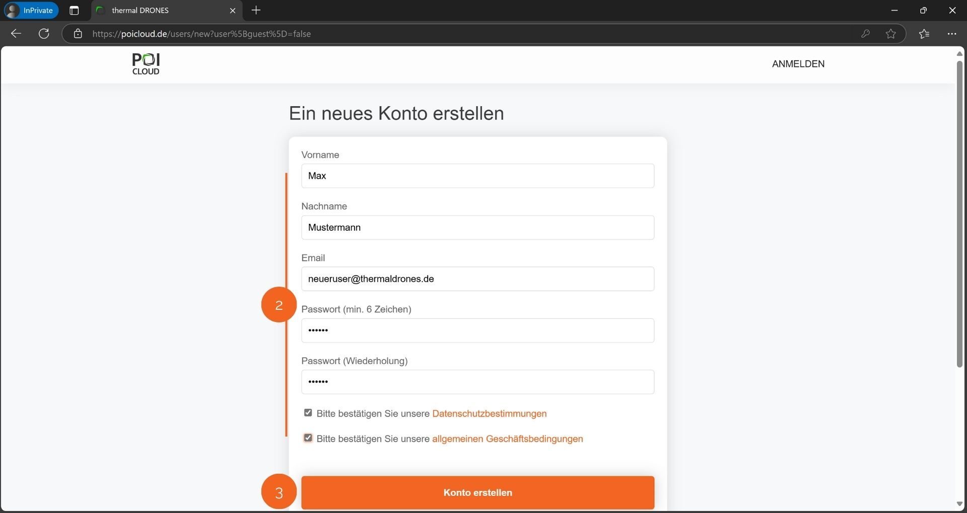 Abbildung des Menüs zur Erstellung eines neuen Kontos auf der POICloud. Darin enthalten sind diverse Textfelder zum Eintragen von Informationen sowie 2 Kästchen zur Bestätigung von Datenschutzbestimmungen und AGBs und ein Button "Konto erstellen"