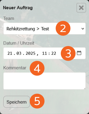 Abbildung des Pop-Up-Menüs zur Erstellung eines neuen Auftrages mit entsprechenden Text- und Auswahlfeldern innerhalb der POICloud.