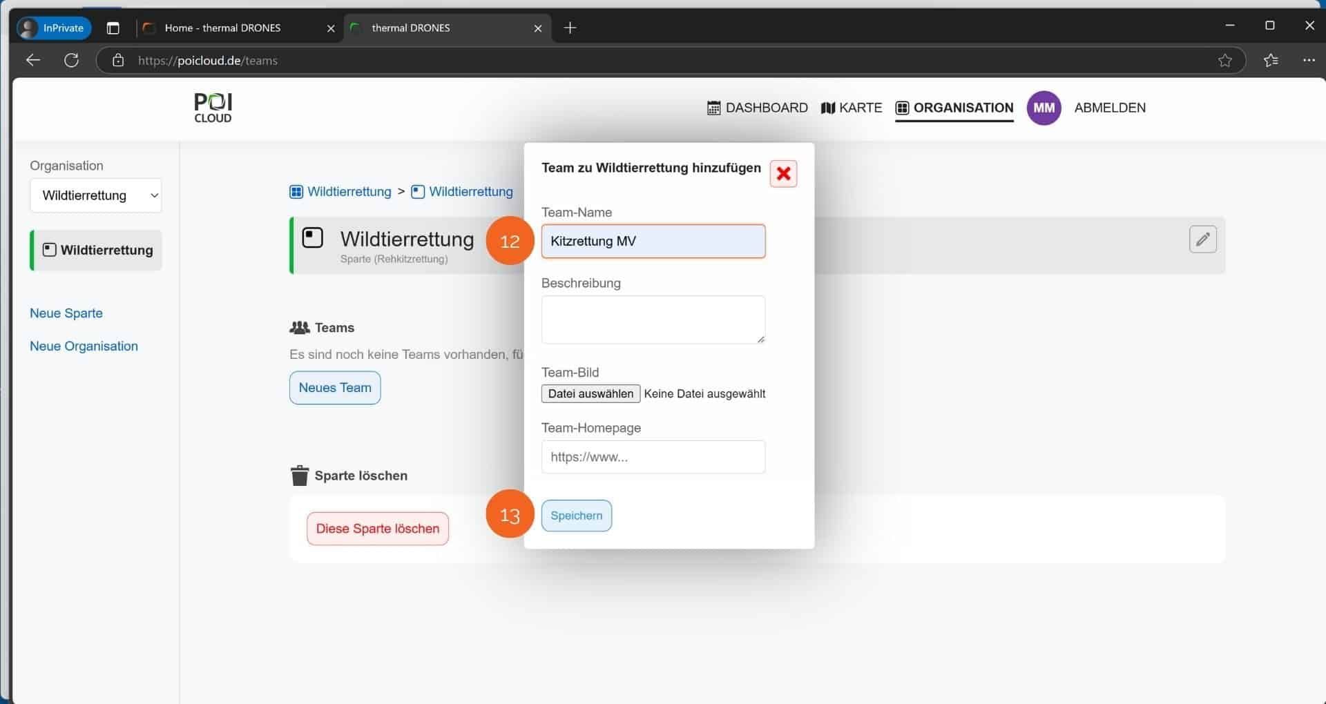 Abbildung des Untermenüs zum Hinzufügen eines neuen Teams innerhalb der Sparten-Ansicht des Organisationsreiters der POICloud. Darin enthalten sind Textfelder zum Eintragen von Team-Name, Beschreibung und Team-Homepage sowie die Buttons "Datei auswählen" für das Hinzufügen eines Team-Bildes, und "Speichern".