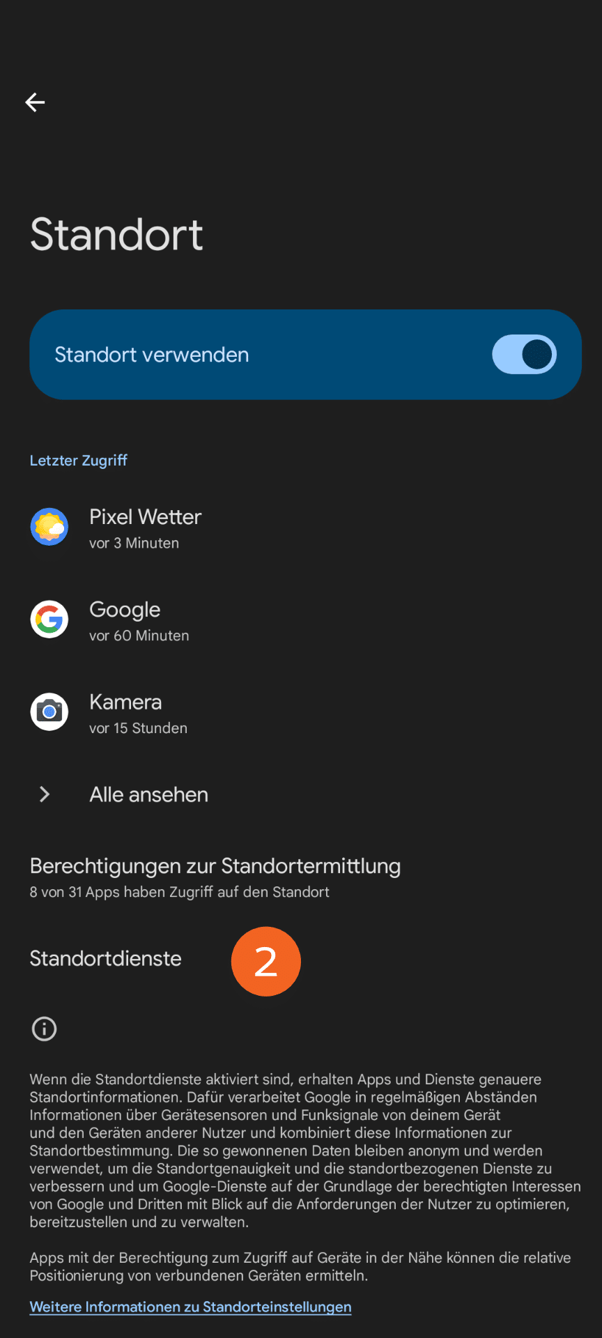 Abbildung des Standort-Menüs auf einem Android-Smartphone mit der ausgewählten Option "Standort verwenden".