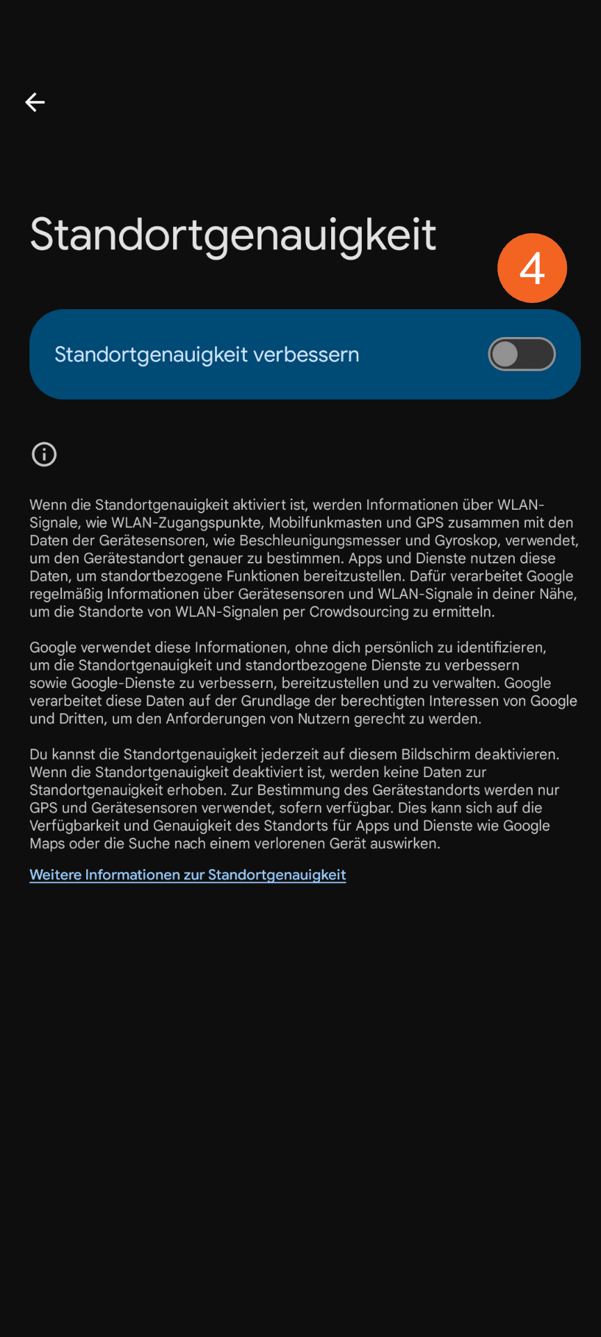 Abbildung des Menüs zur Standortgenauigkeit auf einem Android-Smartphone mit der einstellbaren Option "Standortgenauigkeit verbessern".