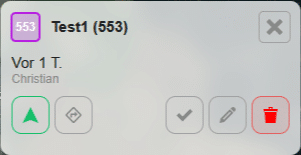 Abbildung des Pop-Up-Menüs zur Bearbeitung von Markierungen in der POICloud. Hier enthalten sind das Markierungssymbol mit der zugehörigen Nummer, der Markierungsname sowie 6 Buttons zur Anpassung/Bearbeitung der Markierung.
