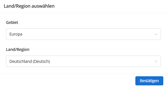 Abbildung des Untermenüs "Land/Region auswählen" mit Auswahlmenüs zur "Gebiet" und "Land/Region" sowie einem "Bestätigen"-Button innerhalb der DJI Maintenance-Webseite.