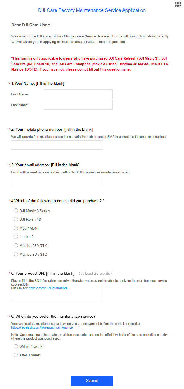 Abbildung des Formulars "DJI Care Factory Maintenance Service Application" zur Antragstellung einer Reparaturmaßnahme auf der DJI-Care-Webseite.
