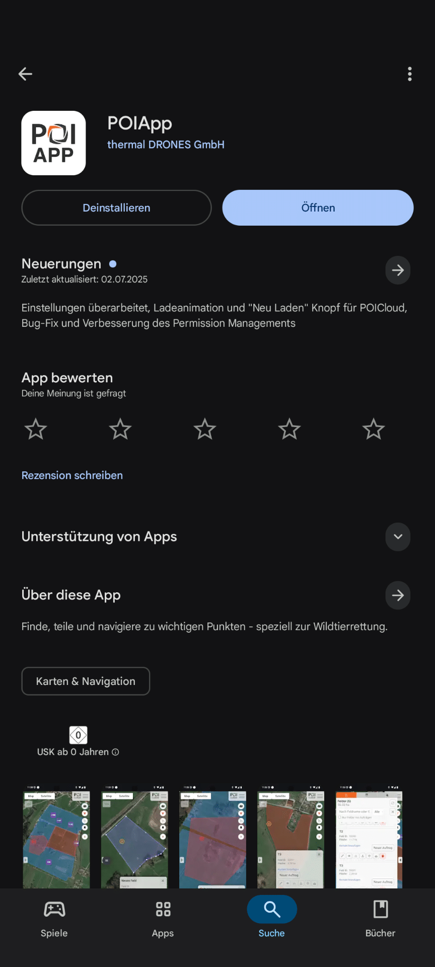 Google Play-Store-Seite der POIApp. Mit Text zur Appbeschreibung in der oberen Bildhälfte und Darstellungsbildern zur Veranschaulichung der App-Oberfläche in der unteren Bildhälfte.