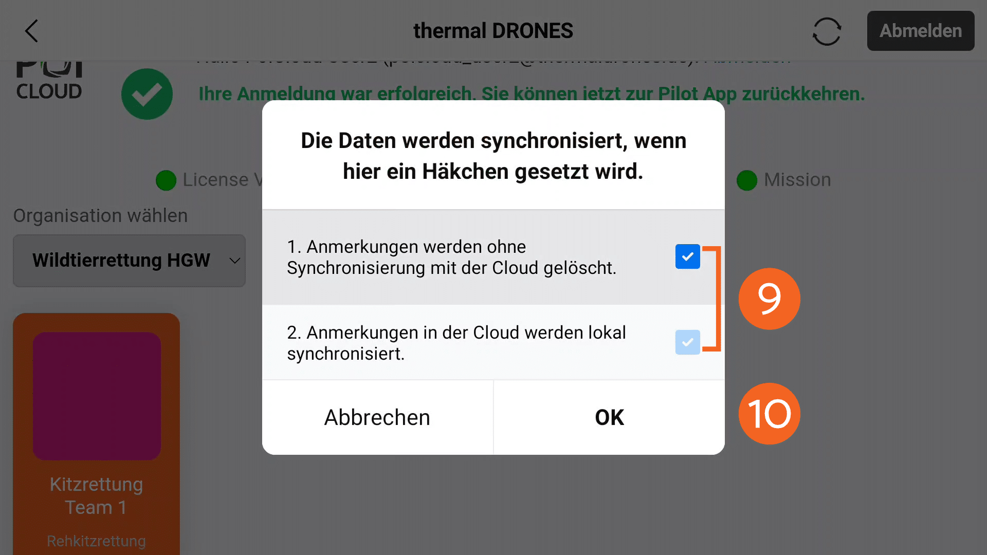 Abbildung eines Hinweisfensters im Menü zu Drittanbieter-Cloud-Services innerhalb der DJI Pilot 2 App. Hier dargestellt sind 2 Auswahlmöglichkeiten zum Synchronisieren bestimmter Daten.