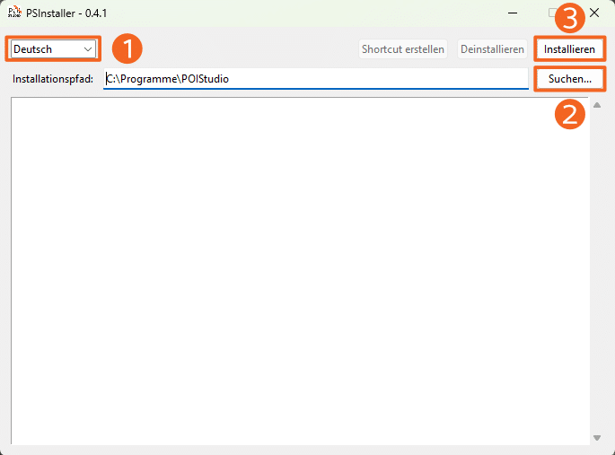 Abbildung des PS-Installers, der zum Download und zur Installation von POIStudio dient. Die Schaltflächen "Deutsch", "Installieren" und "Suchen..." sind mit einem orangefarbenen Kästen umrandet.
