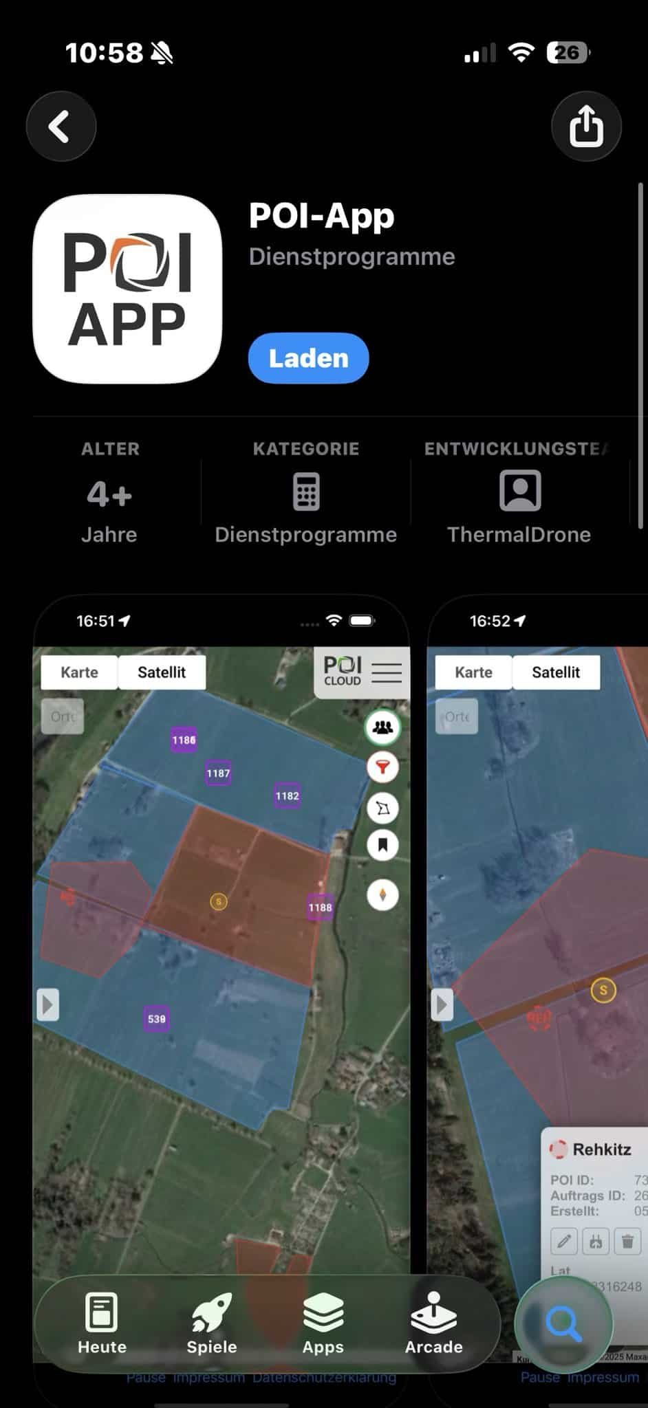 App-Store-Seite der POIApp. Mit Text zur Appbeschreibung in der oberen Bildhälfte und Darstellungsbildern zur Veranschaulichung der App-Oberfläche in der unteren Bildhälfte.