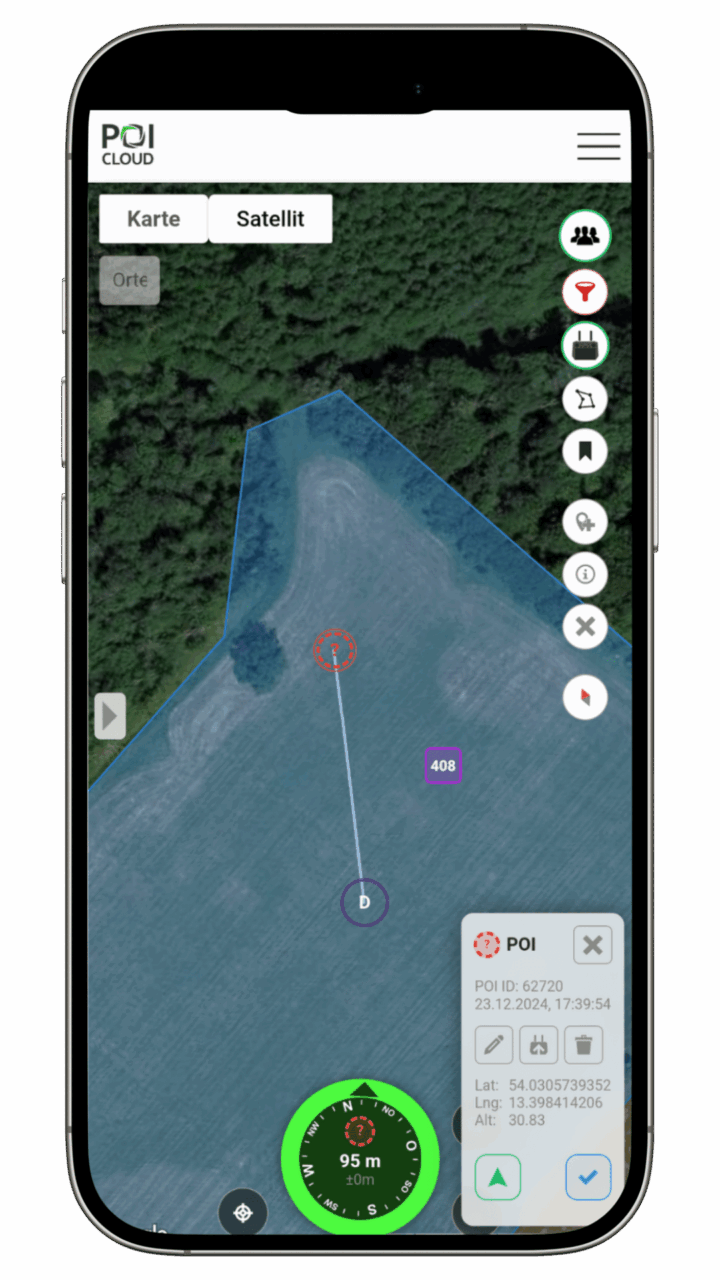 Abbildung eines Smartphones mit darauf geöffneter Kartenansicht der POIApp. Abgebildet ist ein eingezeichnetes Feld mit einer roten Markierung, die über eine Linie mit einem weiteren Punkt verbunden ist. Darunter befindet sich eine Kompassnadel in grüner Farbe, die nach Norden zeigt. Rechts daneben ist da Pop-Up-Menü zum Bearbeiten des ausgewählten POIs zu sehen.