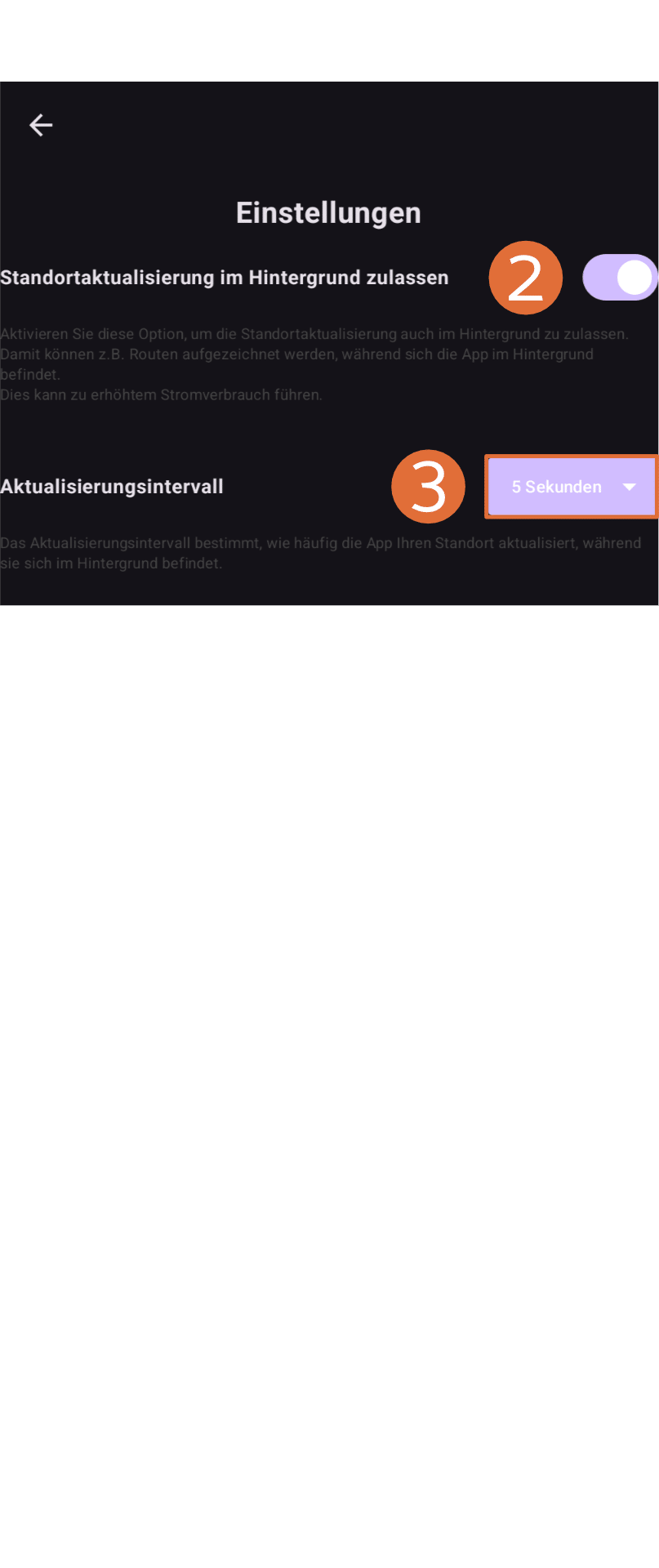 Abbildung des Einstellungs-Menüs der POIApp mit schwarzer Hintergrundfarbe. Unter der Überschrift "Einstellungen" steht der Menüpunkt "Standortaktualisierung im Hintergrund zulassen". Daneben befindet sich ein Button zur Aktivierung/Deaktivierung der Einstellung. Unterhalb des Menüpunktes steht als Hinweistext "Aktivieren Sie diese Option, um die Standortaktualisierung auch im Hintergrund zuzulassen. Damit können z.B. Routen aufgezeichnet werden, während sich die App im Hintergrund befindet. Die