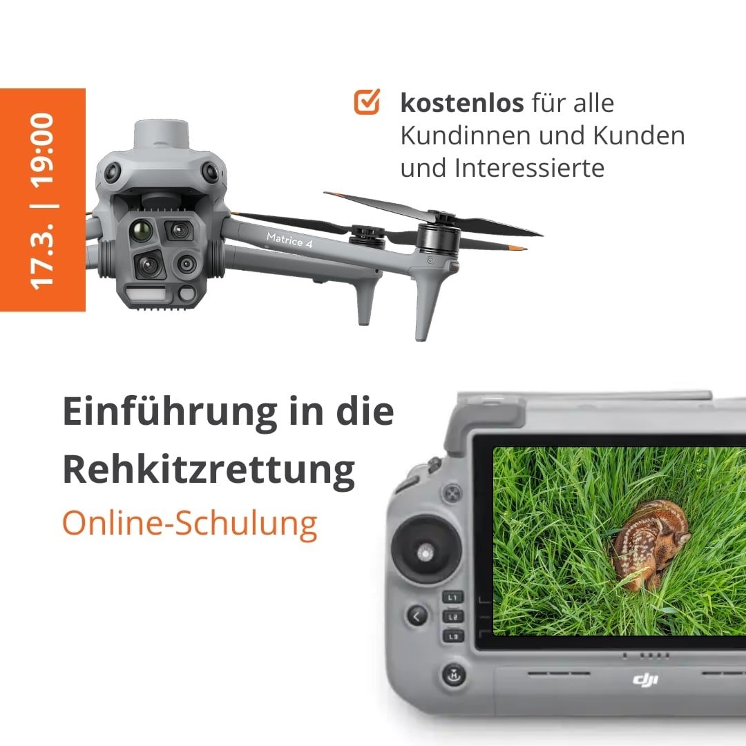 Abbildung einer Terminankündigung für eine Online-Schulung mit dem Titel "Einführung in die Rehkitzrettung", "Kostenlos für alle Kundinnen und Kunden und Interessierte" . Zwischen den beiden Texten ist eine DJI Matrice 4T abgebildet, die zu zwei Dritteln im Bild zu sehen ist. Links daneben befindet sich eine Datumsangabe so wie die Uhrzeit, zu der die Schulung stattgefunden hat. In der unteren rechten Bildecke ein Drohencontroller abgebildet, auf dem ein Bild eines Rehkitzes, das zusammengerollt