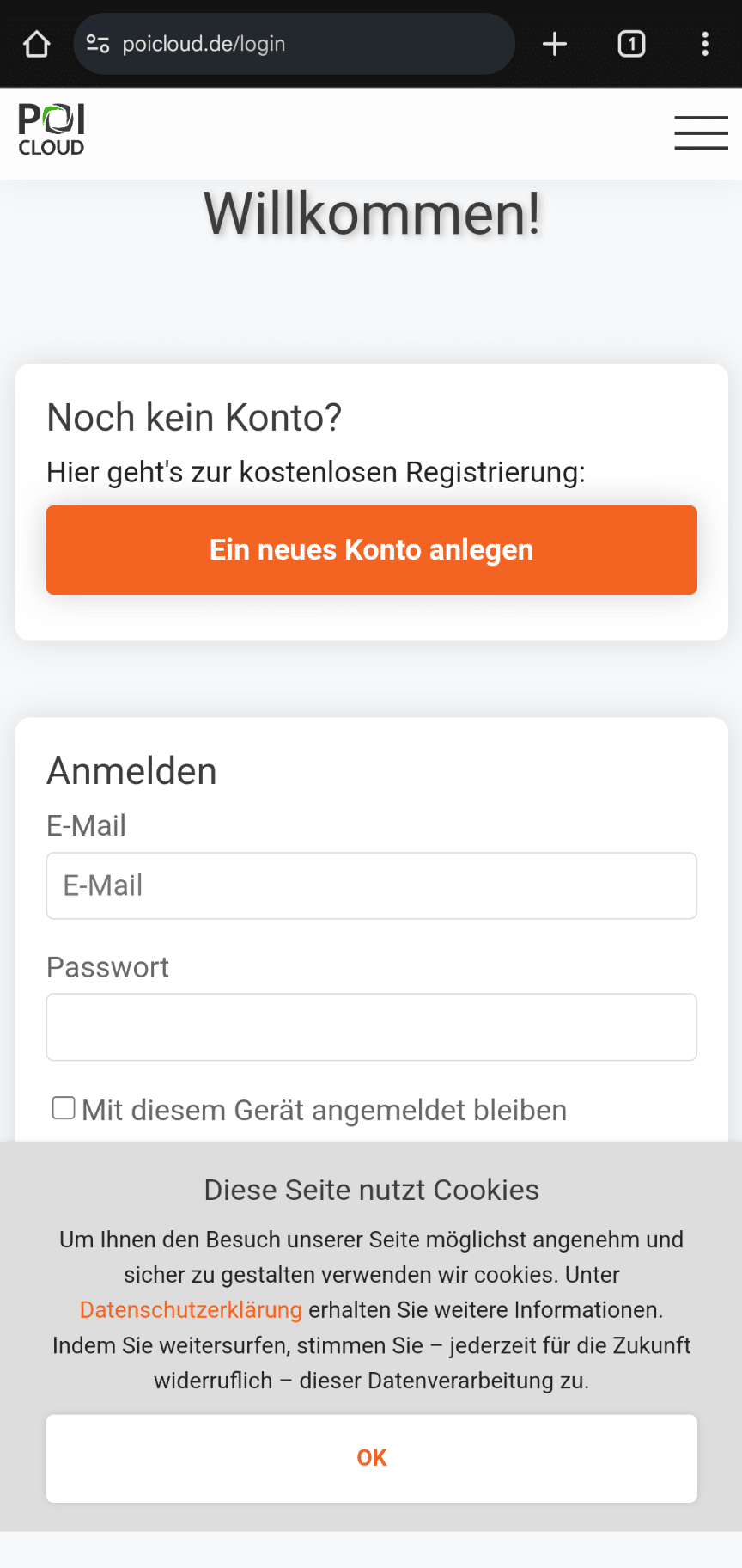 Abbildung der Mobil-Ansicht der POICloud-Startseite.