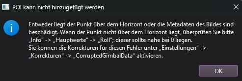 Ansicht zur Hinweisbenachrichtigung, dass ein POI in POIStudio nicht hinzugefügt werden konnte.